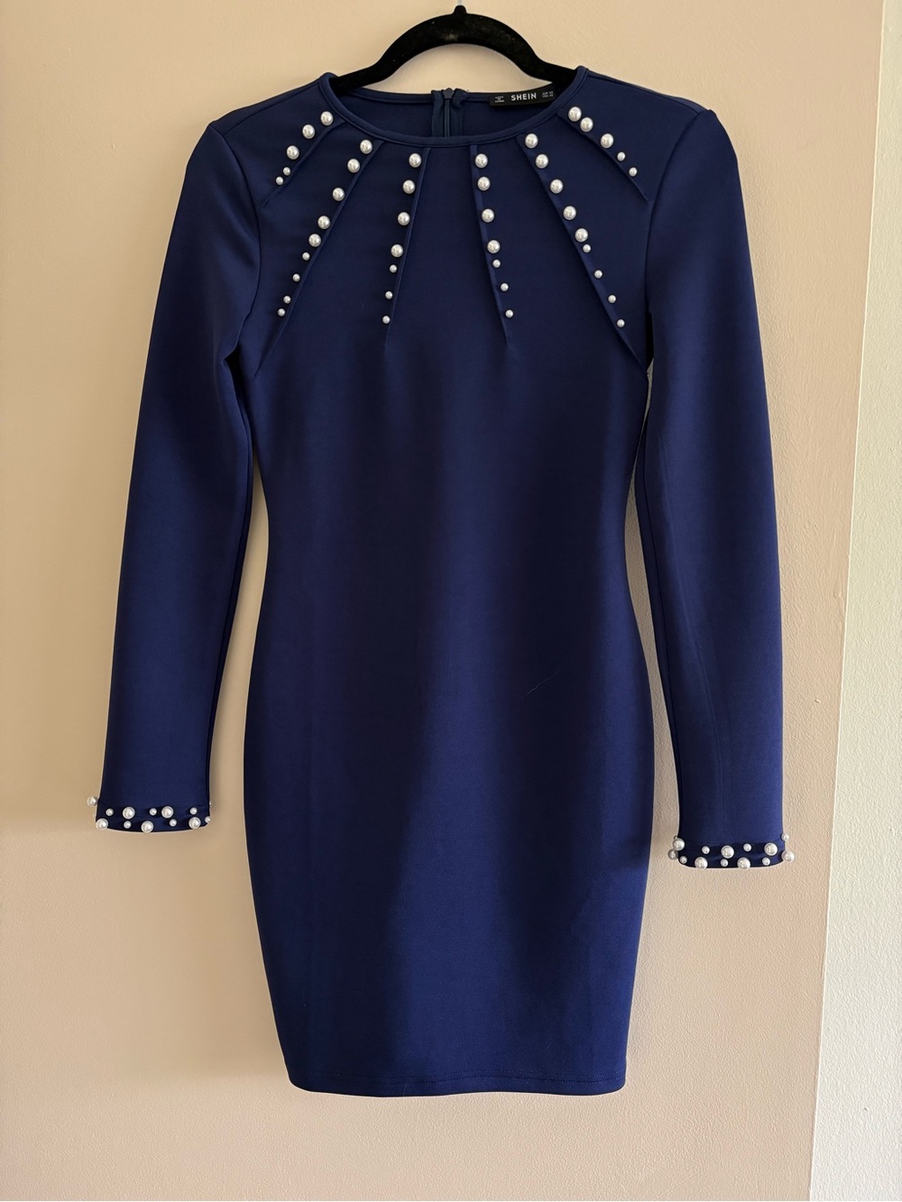 SHEIN Navy Long Sleeve Pearl-Embellished Bodycon Dress